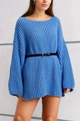 Boat Neck Dropped Shoulder Mini Sweater Dress Sky Blue One Size OutfitFlow